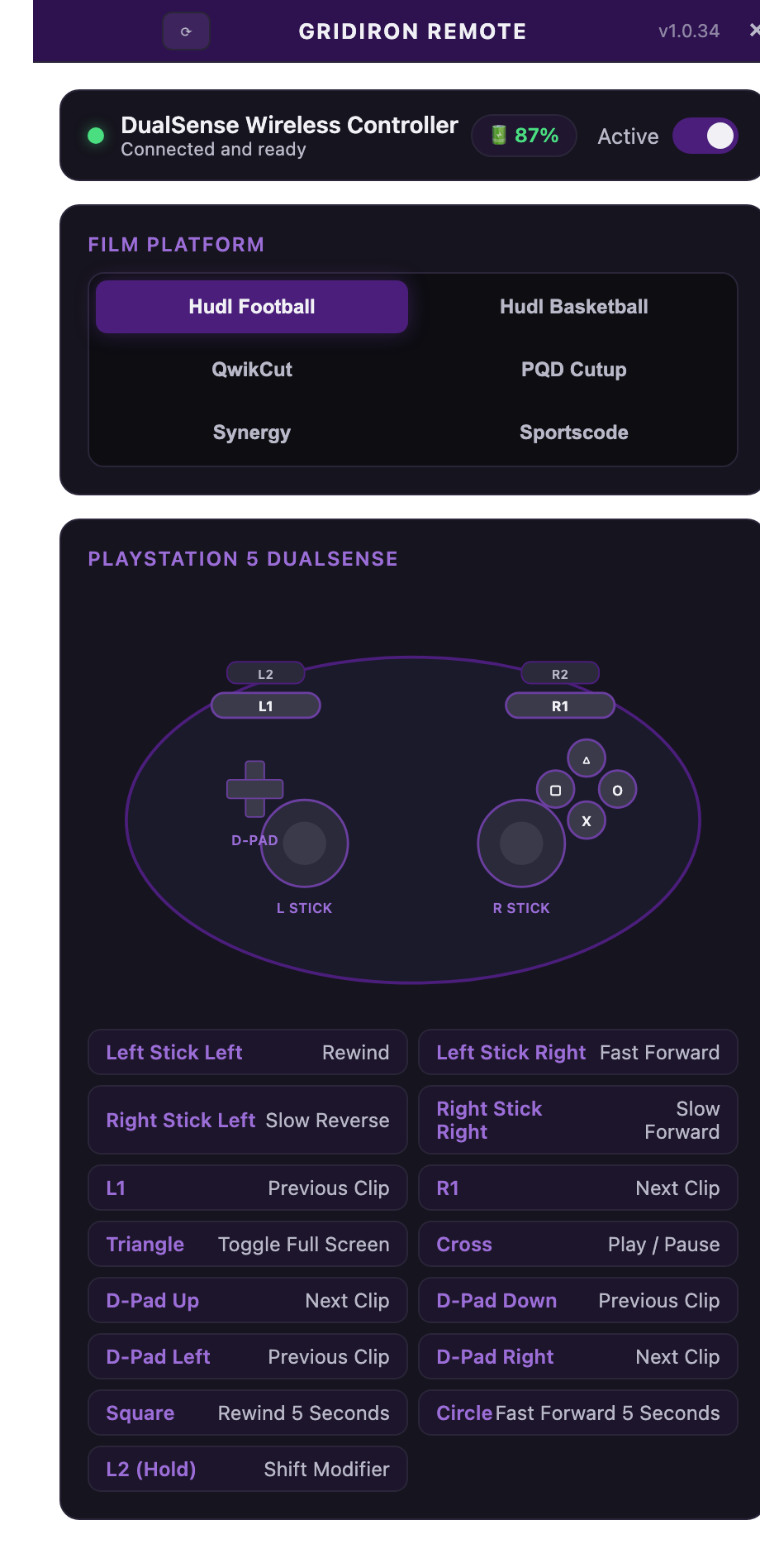 Gridiron Remote app mapped to a PlayStation controller for Hudl football film