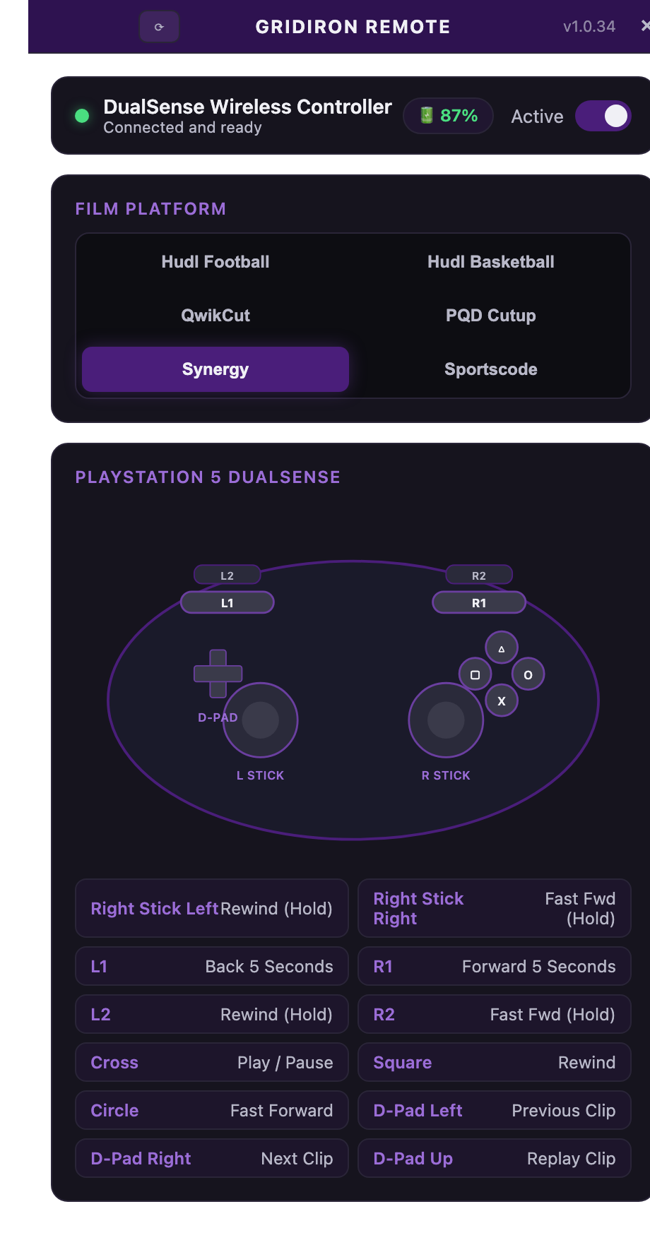 Gridiron Remote app mapped to a PlayStation controller for Synergy basketball film