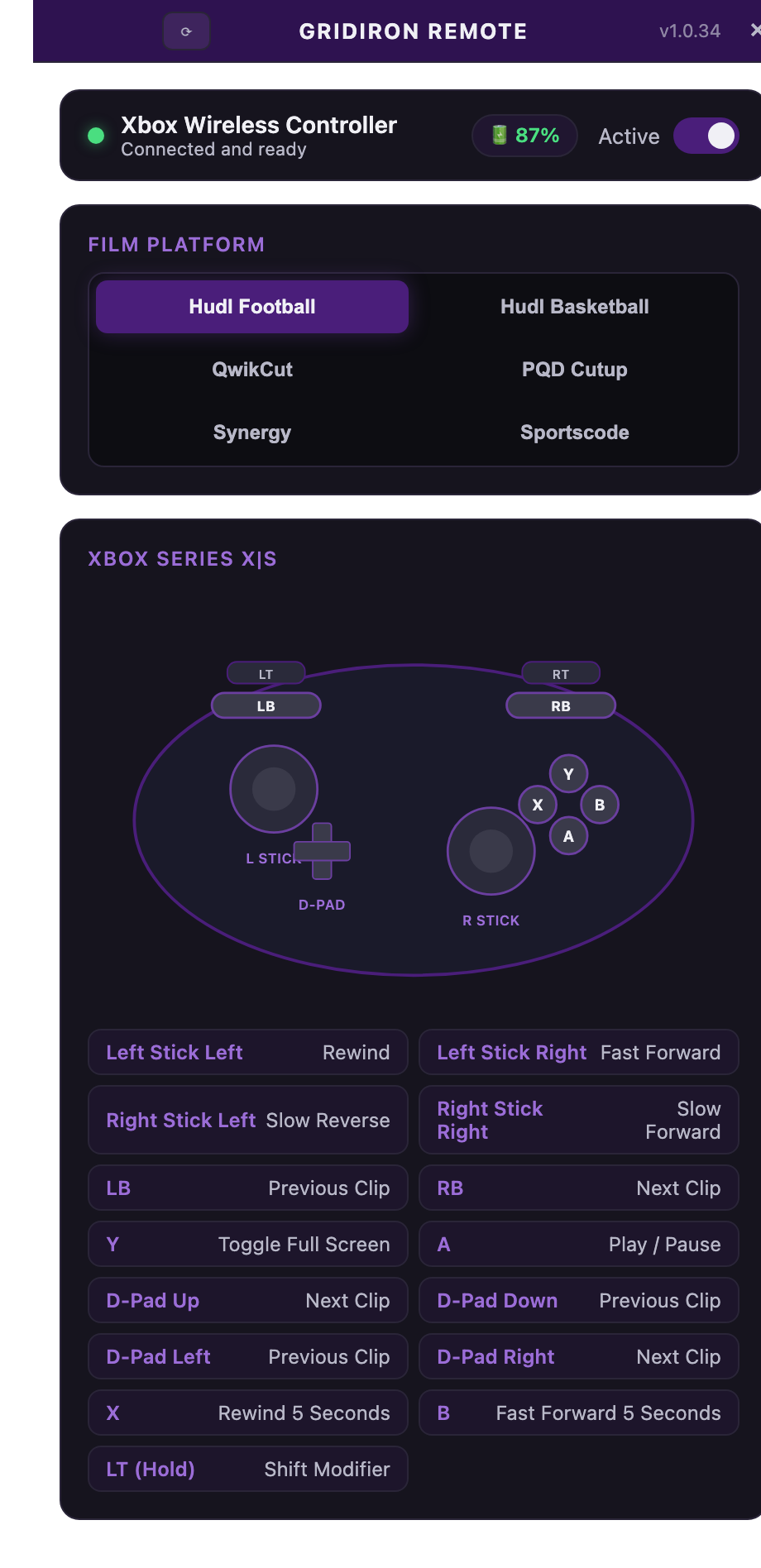 Gridiron Remote app mapped to an Xbox controller for Hudl football film